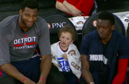 Andre Drummond Hangs Out with Random Kid On Pistons Bench