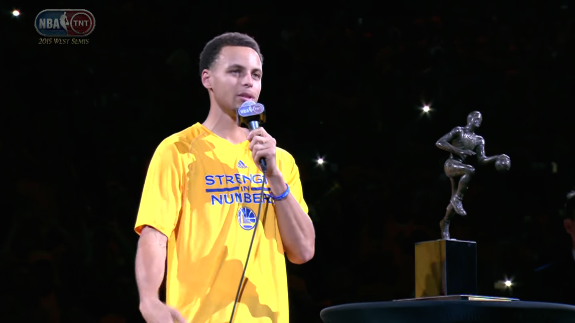 Stephen Curry Accepts MVP Trophy In Oakland