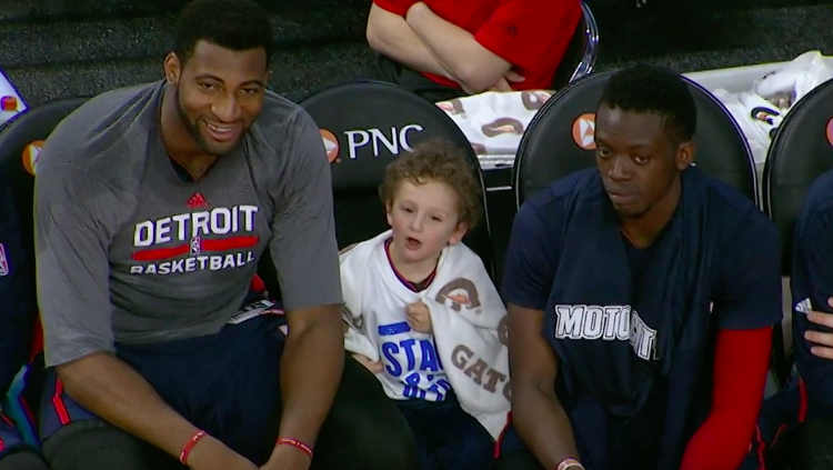 Andre Drummond Hangs Out with Random Kid On Pistons Bench